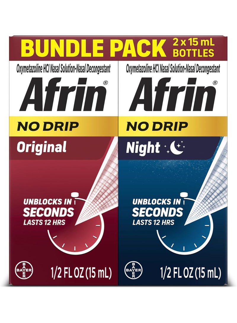 عبوة أفريين الأصلية بدون تسرب + رذاذ أنفي ليلي، مزيل احتقان سريع المفعول، غير مسبب للنعاس، لتخفيف احتقان الأنف وضغط الجيوب الأنفية، للبالغين والأطفال من 6 سنوات وما فوق، 0.5 أونصة سائلة (عبوة من 2) 